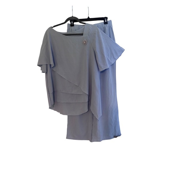 Women's 2 Piece Light Blue Pant Set Formal Asymmetrical Top Wide Leg Pants Large - Picture 4 of 12